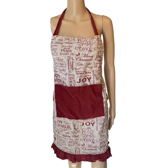 VTG Christmas Holiday Bib Apron Sz 26”x32” w/Pocket Red Tan Love Joy Cottagecore - Picture 1 of 7